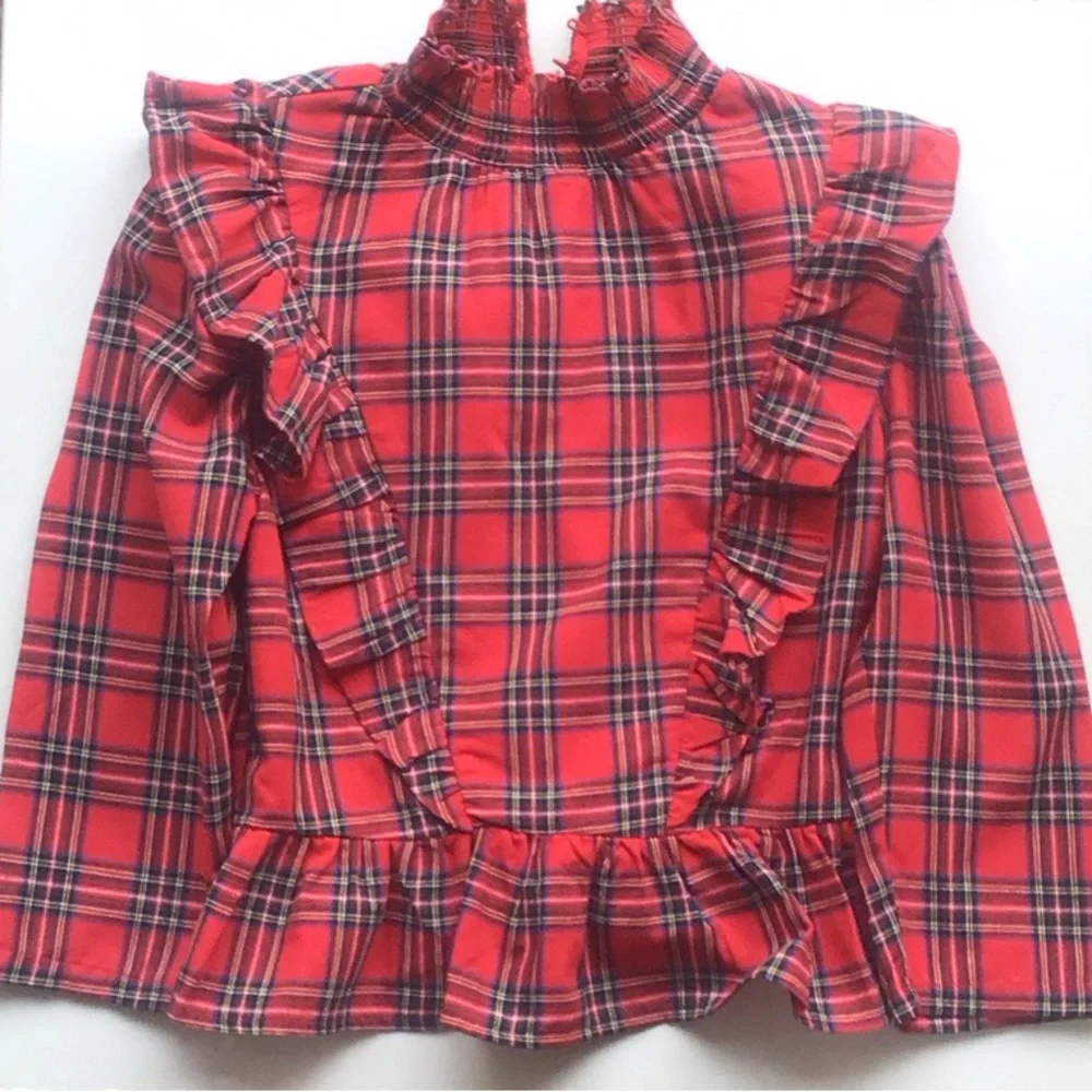 English Factory tartan ruffle blouse